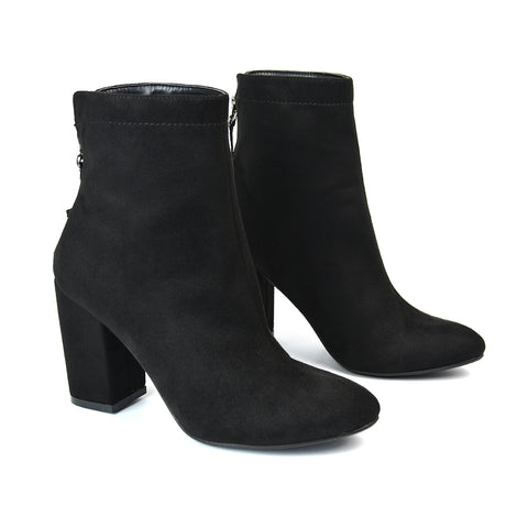 Evia Zip-Up Mid Block Heel Sock Ankle Boots in Black Faux Suede