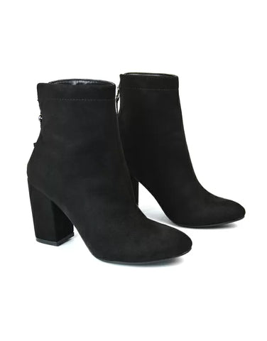 Evia Zip-Up Mid Block Heel Sock Ankle Boots in Black Faux Suede