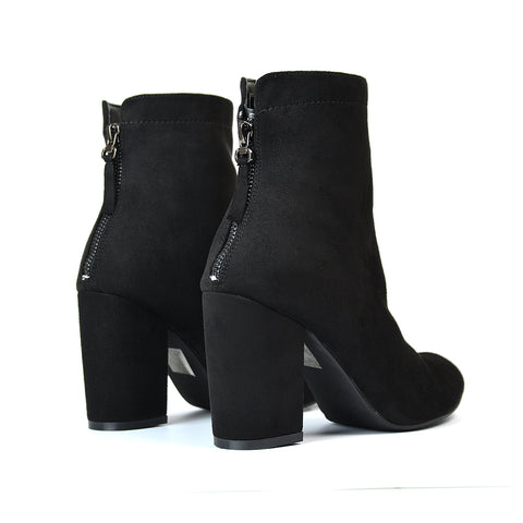 Evia Zip-Up Mid Block Heel Sock Ankle Boots in Black Faux Suede