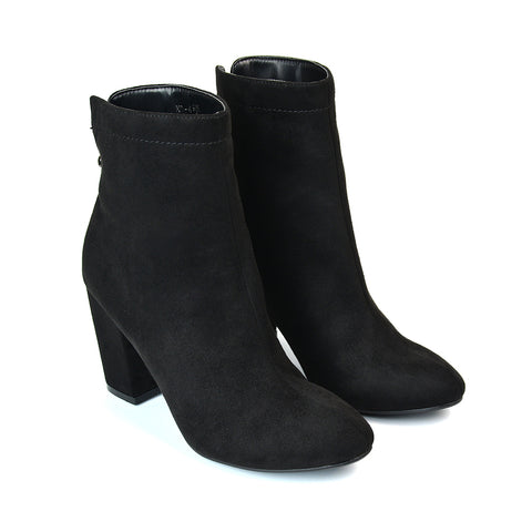 Evia Zip-Up Mid Block Heel Sock Ankle Boots in Navy Faux Suede