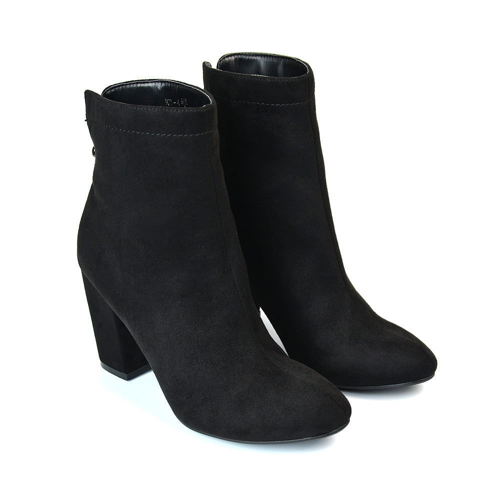 Evia Zip-Up Mid Block Heel Sock Ankle Boots in Black Faux Suede