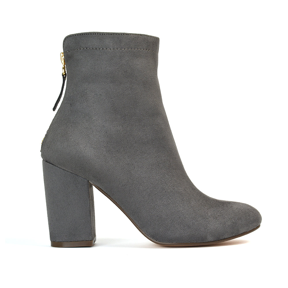 Evia Zip-Up Mid Block Heel Sock Ankle Boots in Tan Faux Suede