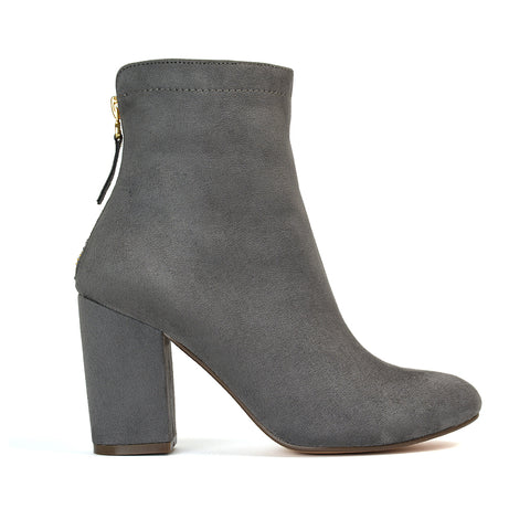 Evia Zip-Up Mid Block Heel Sock Ankle Boots in Navy Faux Suede