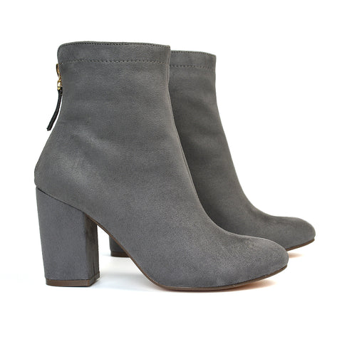 Evia Zip-Up Mid Block Heel Sock Ankle Boots in Black Faux Suede