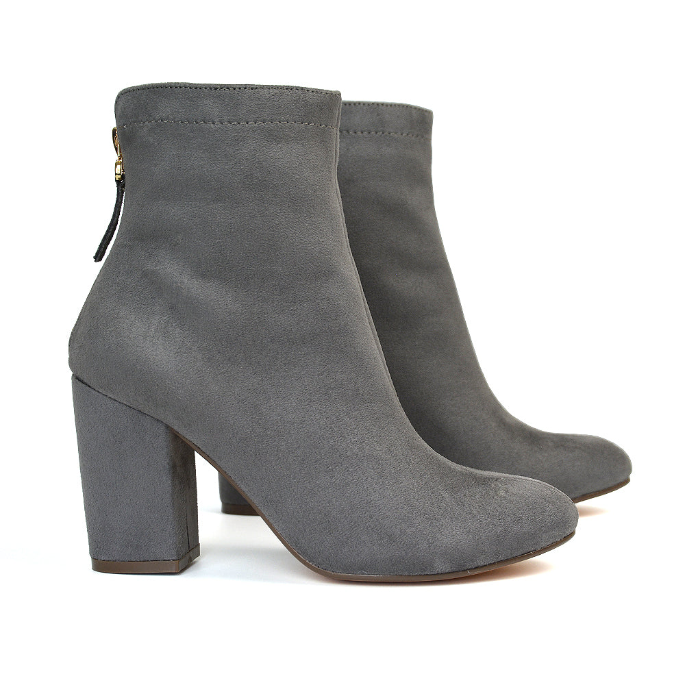 Evia Zip-Up Mid Block Heel Sock Ankle Boots in Grey Faux Suede