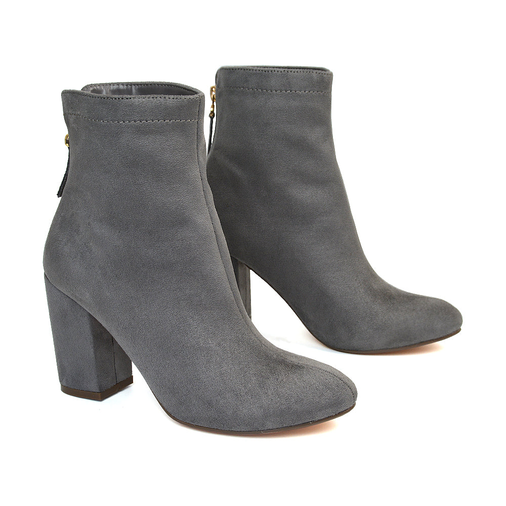 Evia Zip-Up Mid Block Heel Sock Ankle Boots in Grey Faux Suede