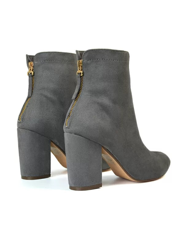 Evia Zip-Up Mid Block Heel Sock Ankle Boots in Black Faux Suede