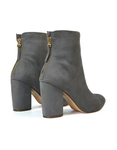 Evia Zip-Up Mid Block Heel Sock Ankle Boots in Grey Faux Suede