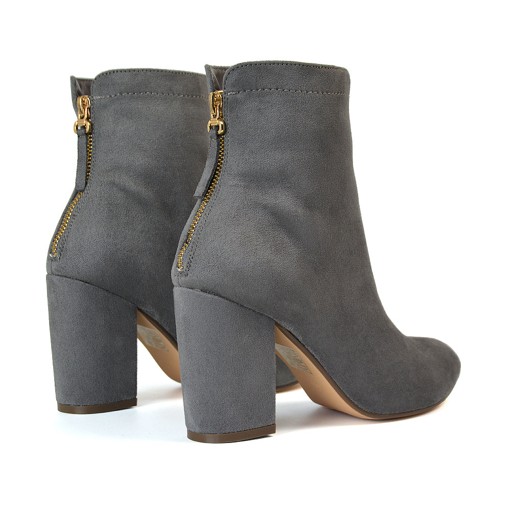 Evia Zip-Up Mid Block Heel Sock Ankle Boots in Grey Faux Suede