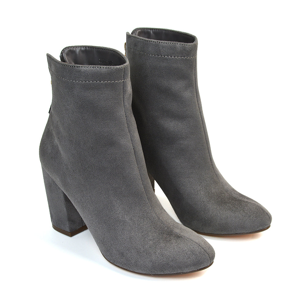 Evia Zip-Up Mid Block Heel Sock Ankle Boots in Grey Faux Suede