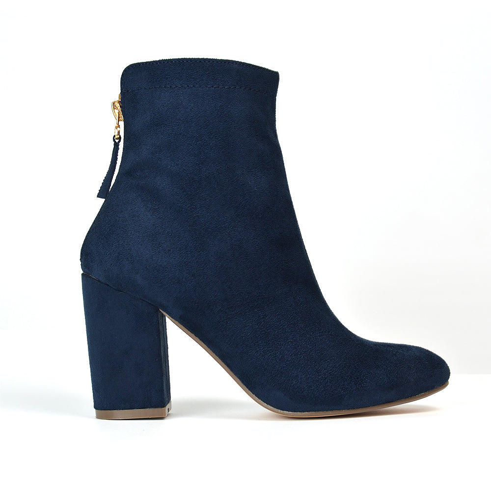 Evia Zip-Up Mid Block Heel Sock Ankle Boots in Navy Faux Suede