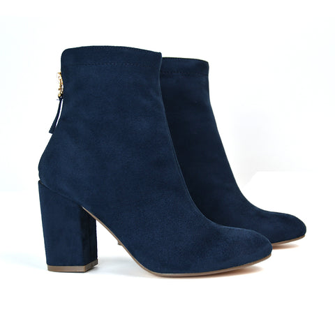 Evia Zip-Up Mid Block Heel Sock Ankle Boots in Black Faux Suede