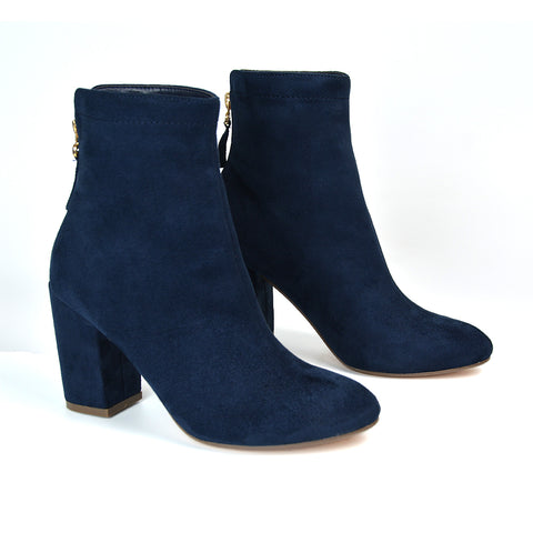 Evia Zip-Up Mid Block Heel Sock Ankle Boots in Navy Faux Suede