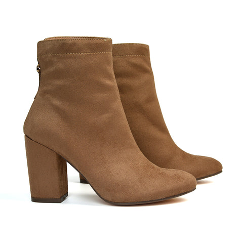 Evia Zip-Up Mid Block Heel Sock Ankle Boots in Tan Faux Suede