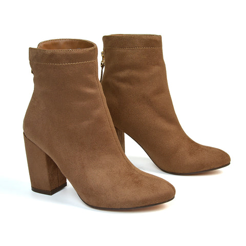 Evia Zip-Up Mid Block Heel Sock Ankle Boots in Tan Faux Suede