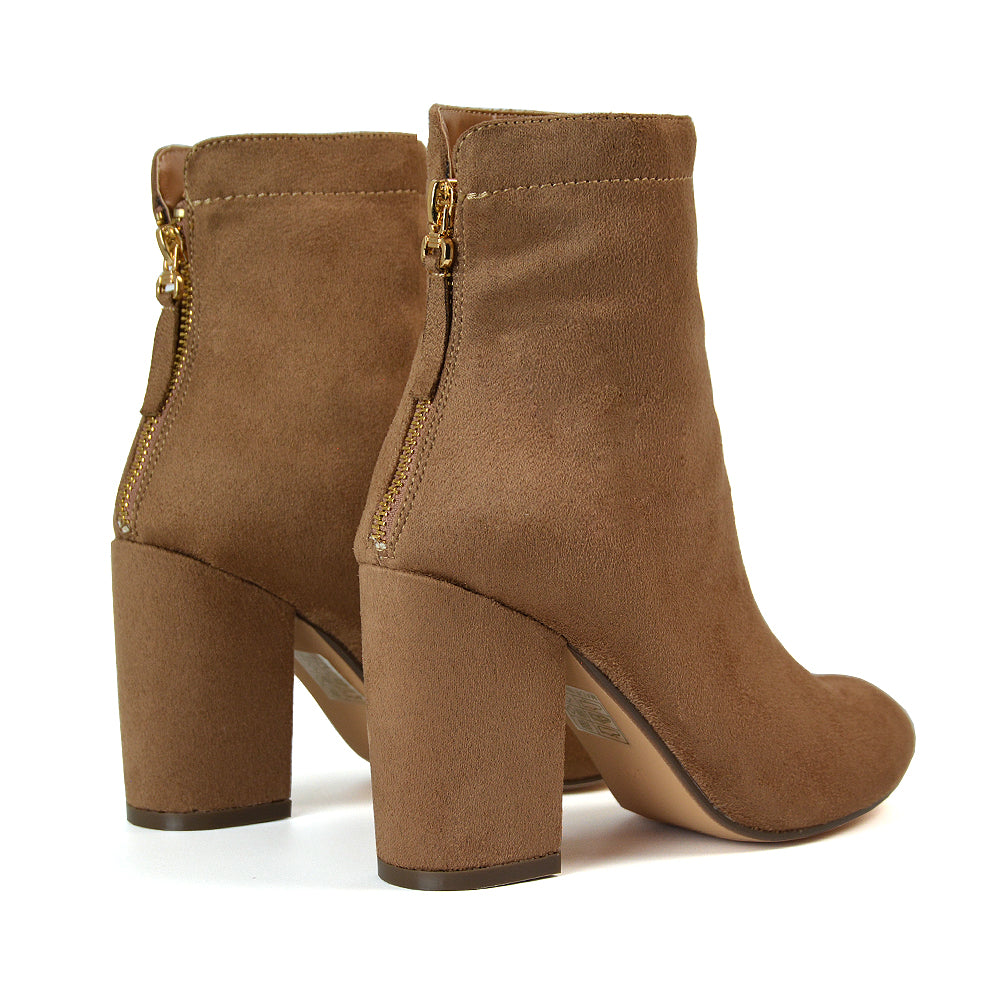 Evia Zip-Up Mid Block Heel Sock Ankle Boots in Tan Faux Suede