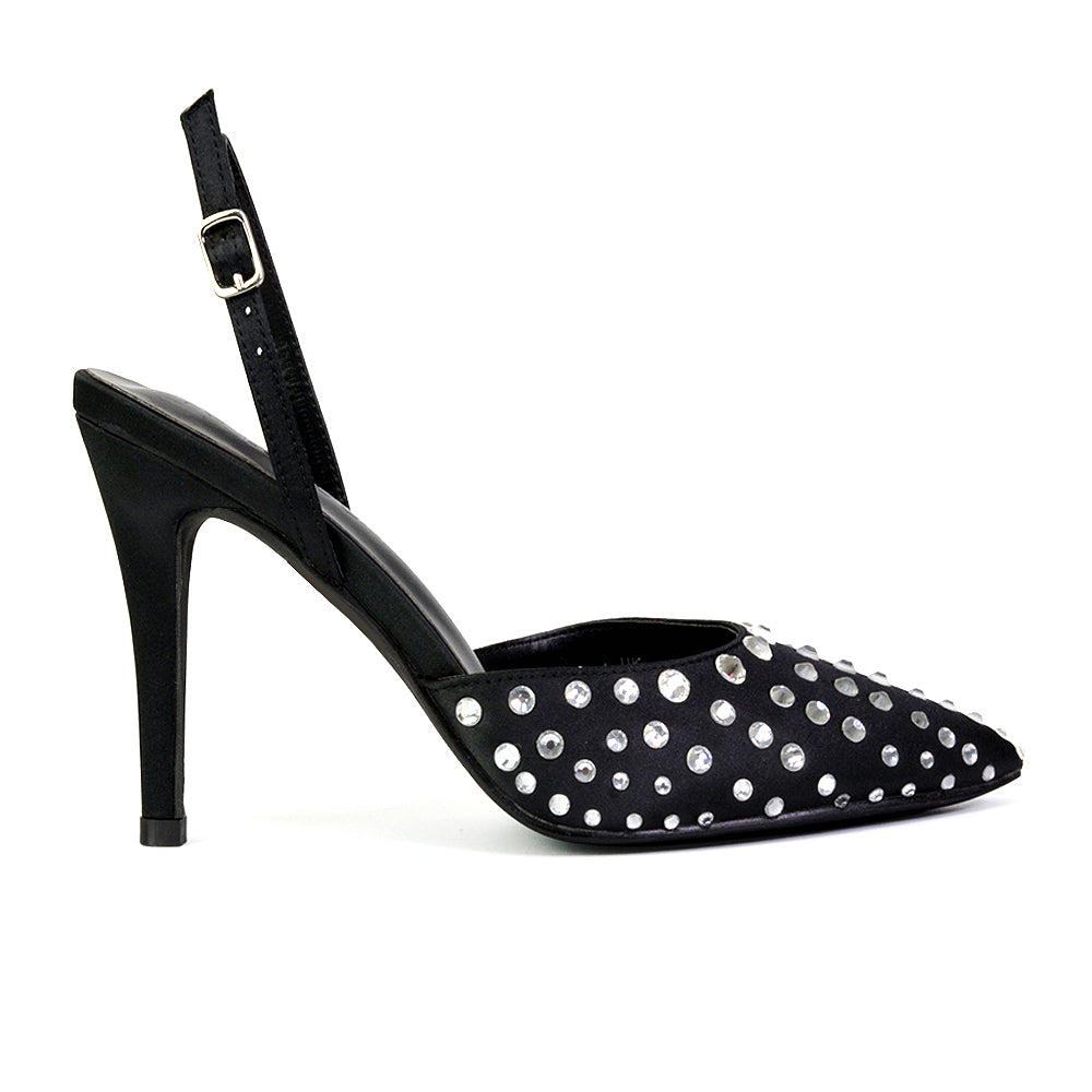 Shelly Strappy Slingback Pointed Toe Diamante Stiletto Bridal Heels in Black