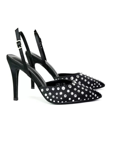 Shelly Strappy Slingback Pointed Toe Diamante Stiletto Bridal Heels in Black