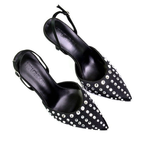 Shelly Strappy Slingback Pointed Toe Diamante Stiletto Bridal Heels in Black