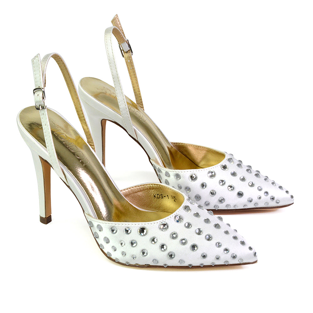 Shelly Strappy Slingback Pointed Toe Diamante Stiletto Bridal Heels in Pink