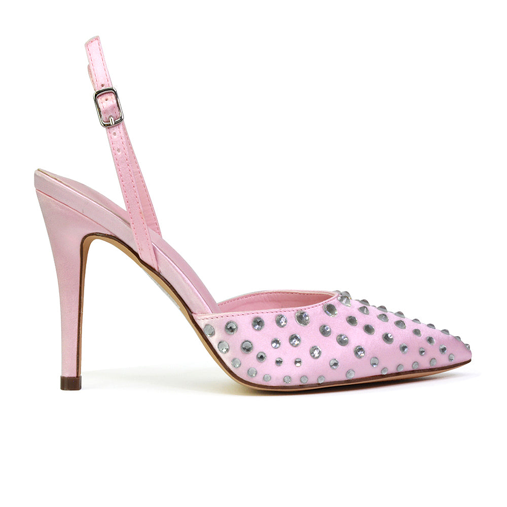 Shelly Strappy Slingback Pointed Toe Diamante Stiletto Bridal Heels in Pink