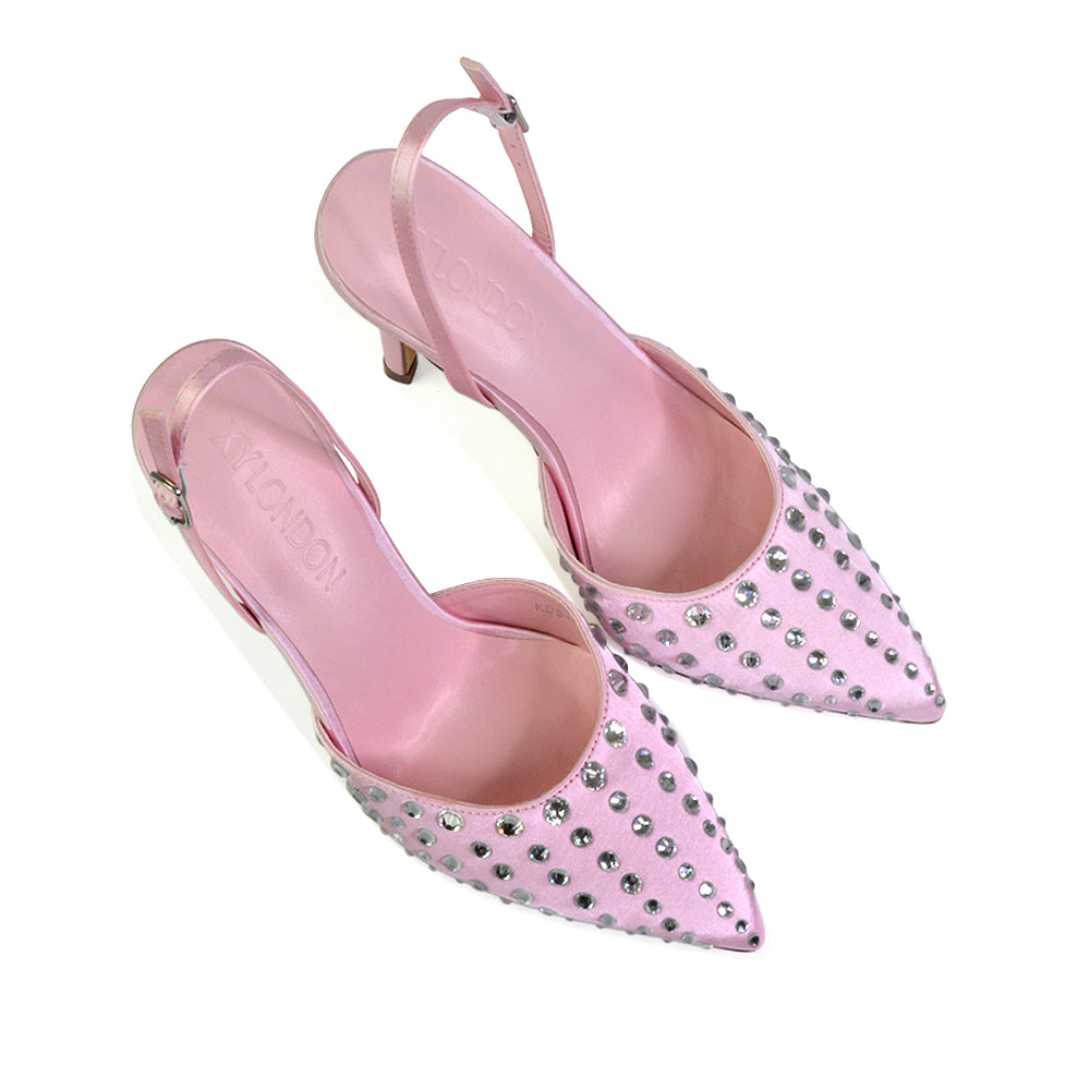 Shelly Strappy Slingback Pointed Toe Diamante Stiletto Bridal Heels in Pink