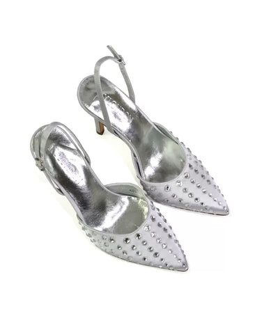 SHELLY STRAPPY SLINGBACK POINTED TOE DIAMANTE STILETTO BRIDAL HEELS IN SILVER