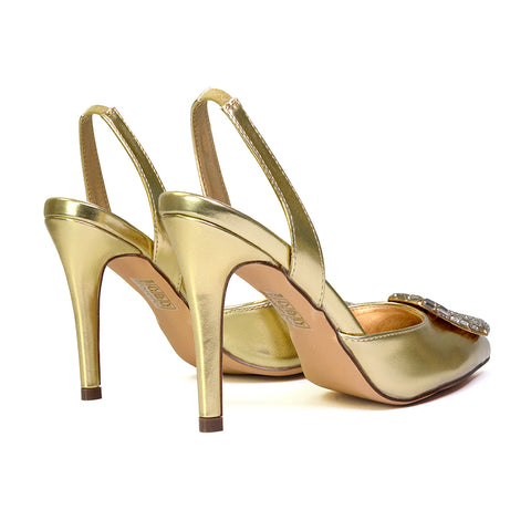 Issy Sling Back Strappy Pointed Toe Stiletto High Heel Court Shoes in Gold