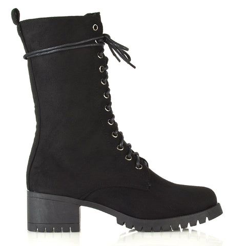 JENNIFER LACE LOW BLOCK HEELED MILITARY BIKER ANKLE BOOTS IN BLACK SYNTHETIC LEATHER