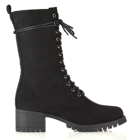 JENNIFER LACE LOW BLOCK HEELED MILITARY BIKER ANKLE BOOTS IN BLACK FAUX SUEDE