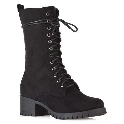 JENNIFER LACE LOW BLOCK HEELED MILITARY BIKER ANKLE BOOTS IN BLACK SYNTHETIC LEATHER