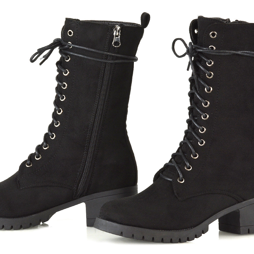 JENNIFER LACE LOW BLOCK HEELED MILITARY BIKER ANKLE BOOTS IN BLACK FAUX SUEDE