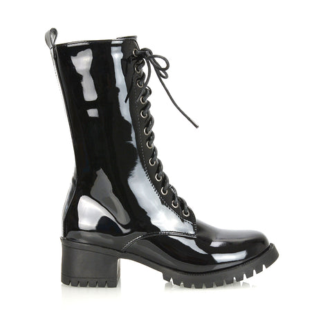 JENNIFER LACE LOW BLOCK HEELED MILITARY BIKER ANKLE BOOTS IN BLACK SYNTHETIC LEATHER