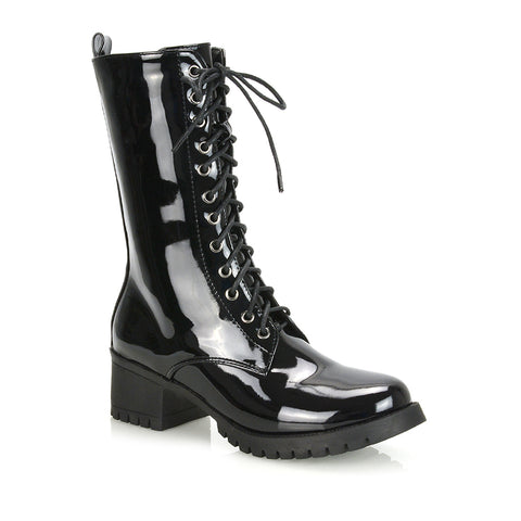 JENNIFER LACE LOW BLOCK HEELED MILITARY BIKER ANKLE BOOTS IN BLACK SYNTHETIC LEATHER