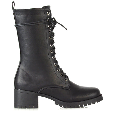JENNIFER LACE LOW BLOCK HEELED MILITARY BIKER ANKLE BOOTS IN BLACK SYNTHETIC LEATHER