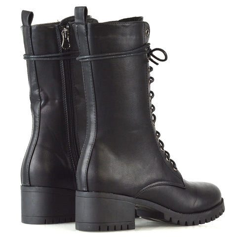 JENNIFER LACE LOW BLOCK HEELED MILITARY BIKER ANKLE BOOTS IN BLACK SYNTHETIC LEATHER