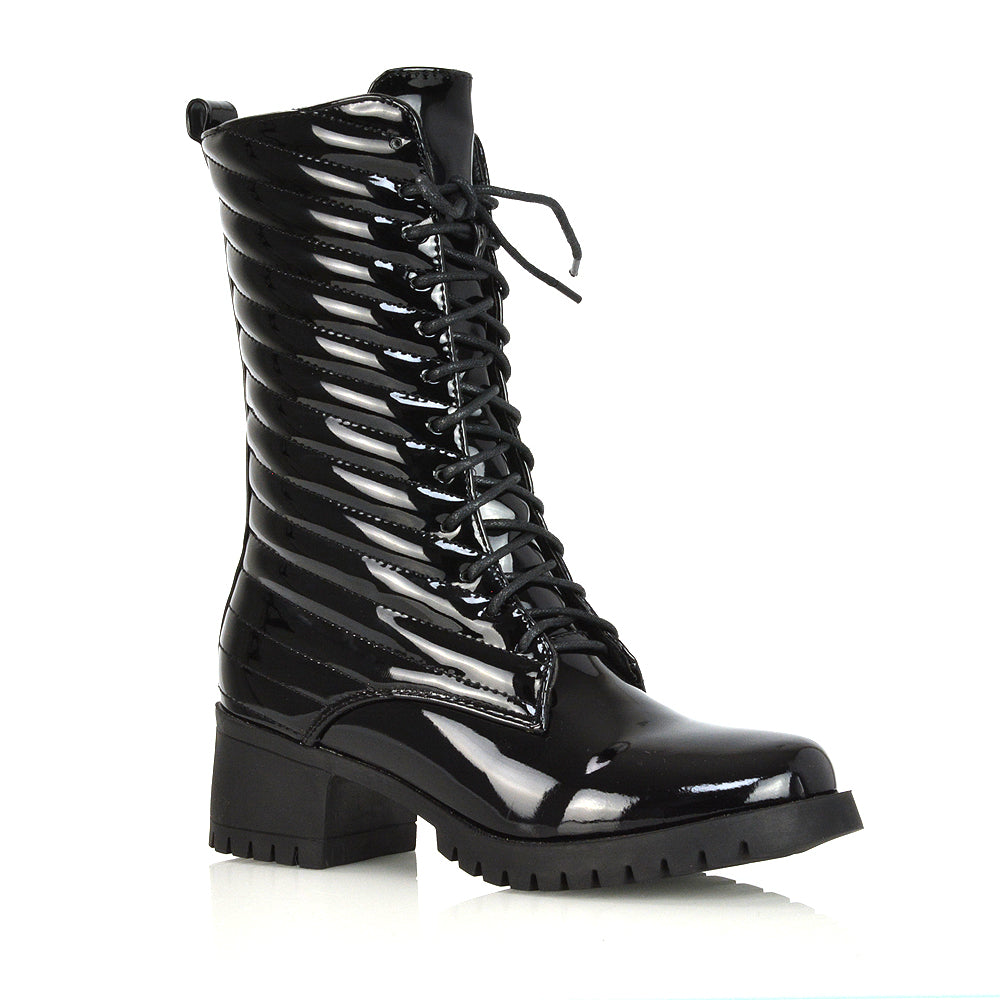 Astrid Padded Mid-Calf Low Block Heel Biker Lace up Combat Boots in Black Synthetic Leather