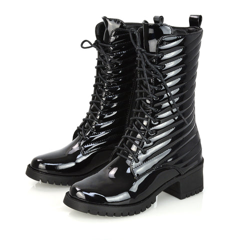Astrid Padded Mid-Calf Low Block Heel Biker Lace up Combat Boots in Black Synthetic Leather