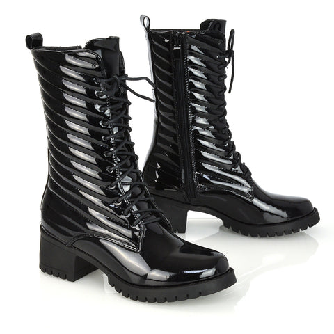 Astrid Padded Mid-Calf Low Block Heel Biker Lace up Combat Boots in Black Synthetic Leather