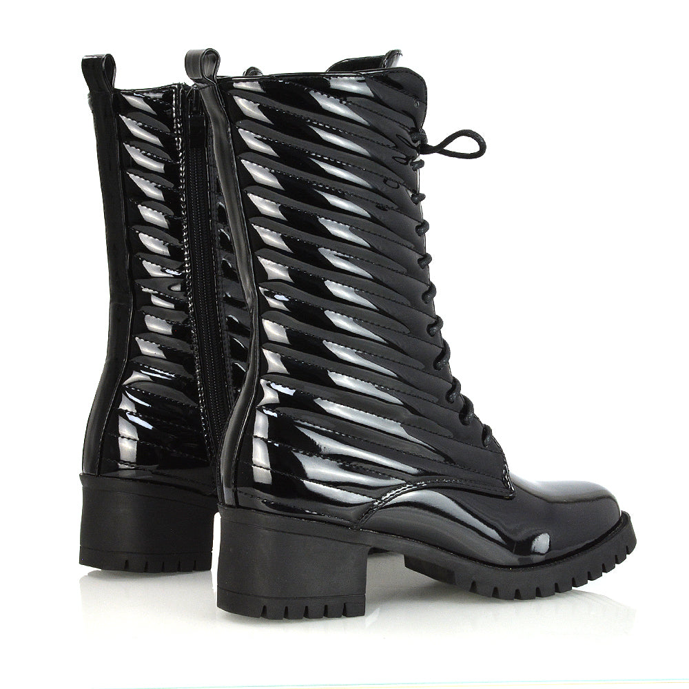 Astrid Padded Mid-Calf Low Block Heel Biker Lace up Combat Boots in Black Synthetic Leather