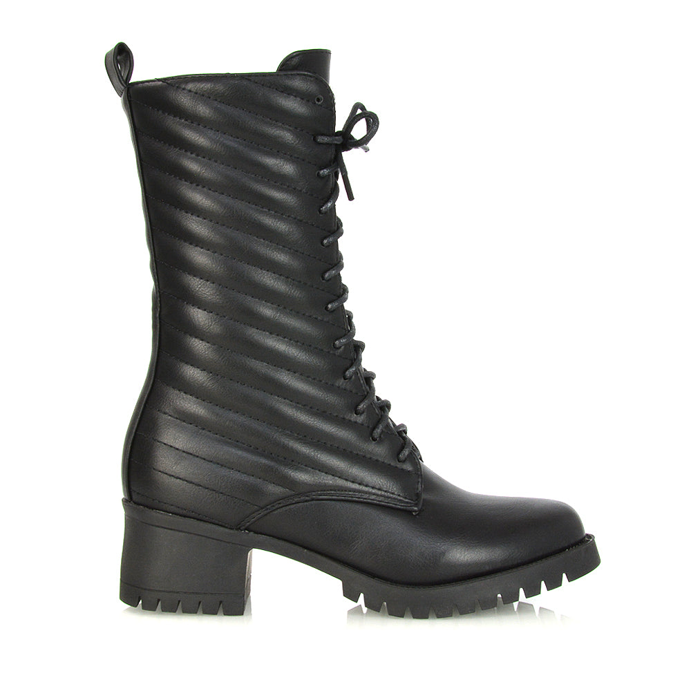 Astrid Padded Mid-Calf Low Block Heel Biker Lace up Combat Boots in Black Synthetic Leather