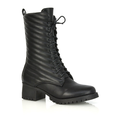 Astrid Padded Mid-Calf Low Block Heel Biker Lace up Combat Boots in Black Synthetic Leather