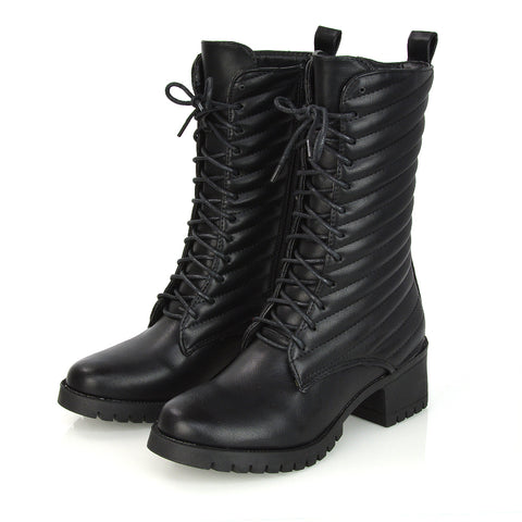 Astrid Padded Mid-Calf Low Block Heel Biker Lace up Combat Boots in Black Synthetic Leather