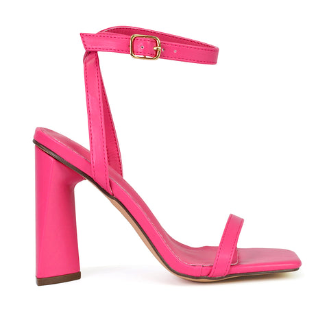 Max Sculptured Triangle Block High Heel Strappy Square Toe Sandals in Hot Pink