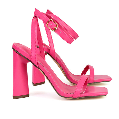 Max Sculptured Triangle Block High Heel Strappy Square Toe Sandals in Hot Pink