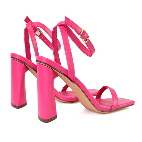 Max Sculptured Triangle Block High Heel Strappy Square Toe Sandals in Hot Pink