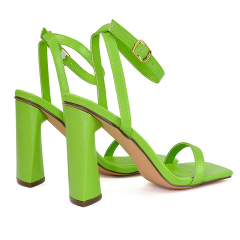 Max Sculptured Triangle Block High Heel Strappy Square Toe Sandals in Green