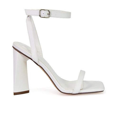 Max Sculptured Triangle Block High Heel Strappy Square Toe Sandals in White