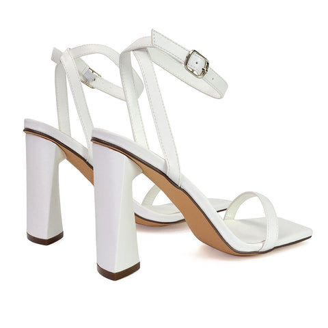 Max Sculptured Triangle Block High Heel Strappy Square Toe Sandals in White