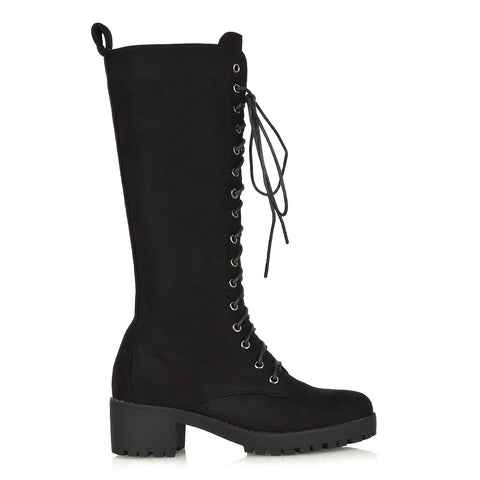 Aspen Lace Up Block High Heel Knee High Biker Boots In Black Synthetic Leather